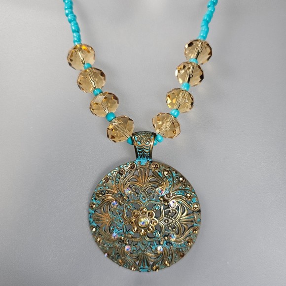 Bronze Statement Necklace Medallion Turquoise Champagne AB Bead Rhinestone - Picture 5 of 11